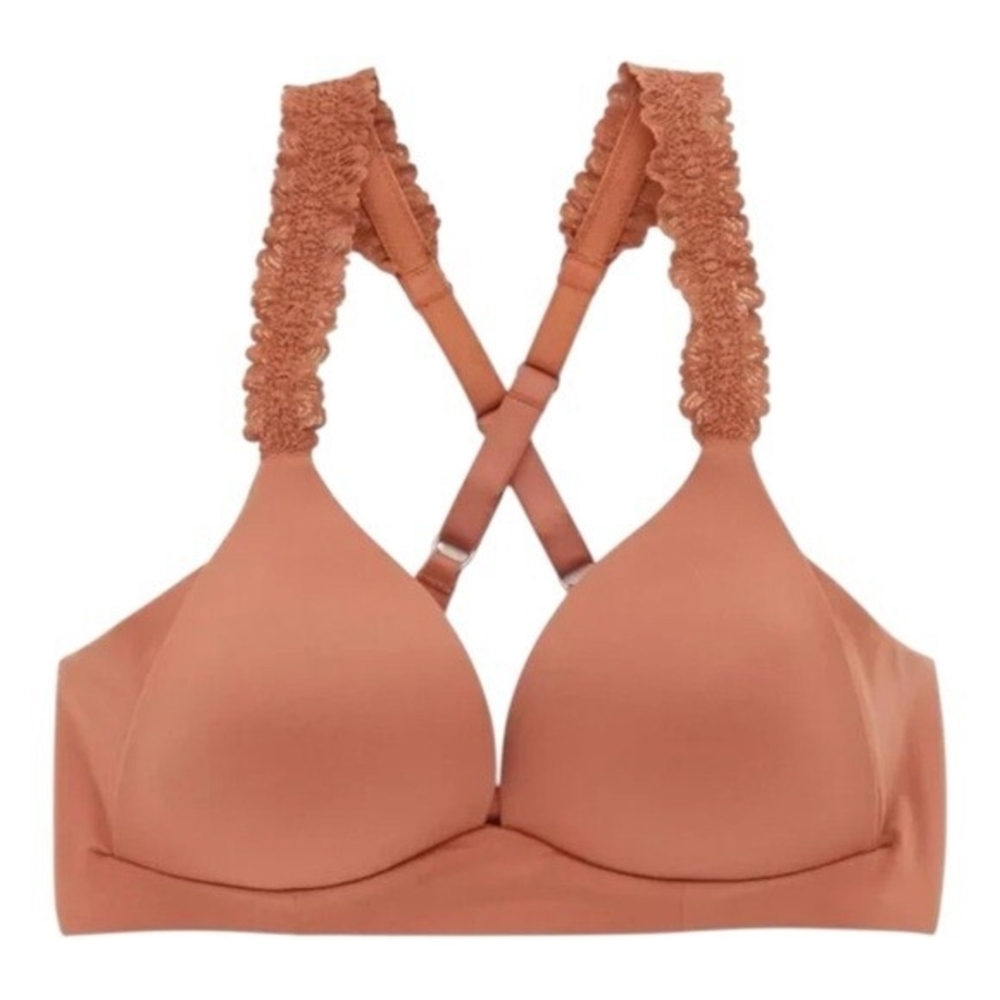 AERIE Womens Bralette 34D Burnt Orange Wireless Retro Floral Lace Racerback Bra